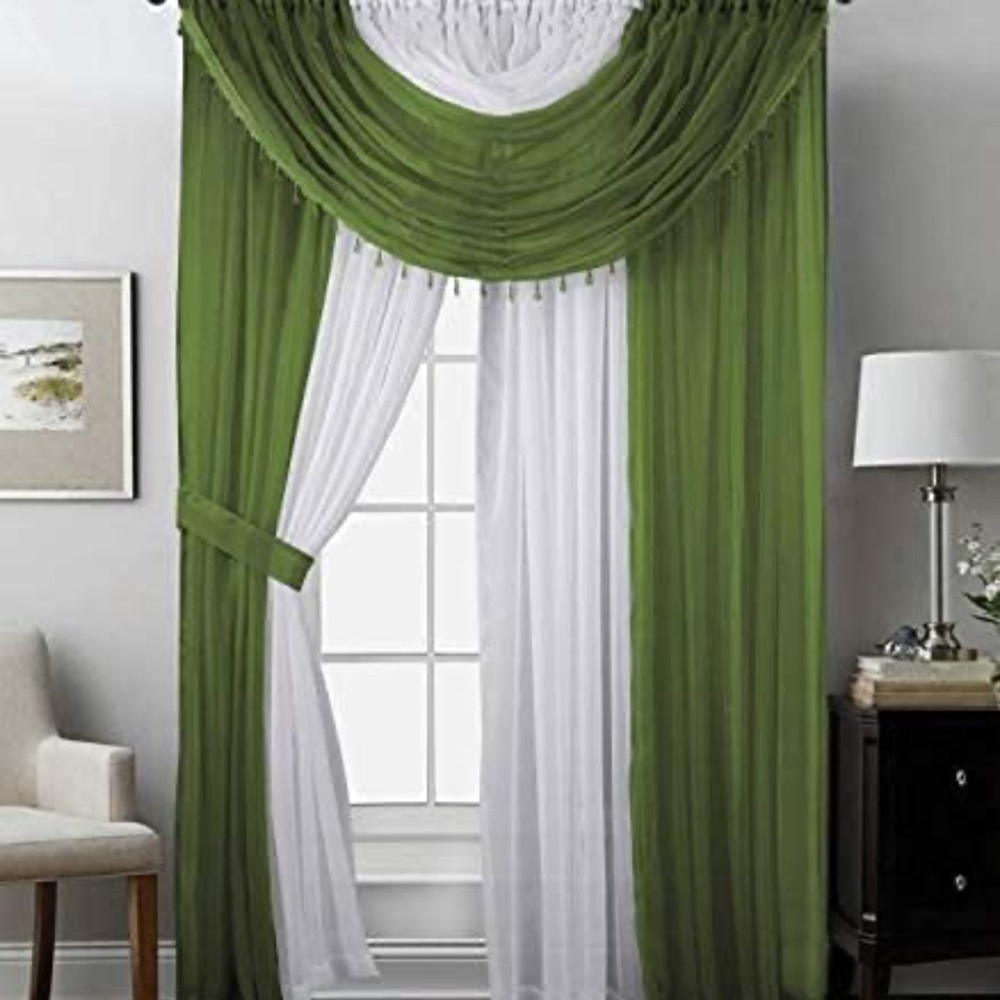 Sapphire Home Sheer Curtains Two Tone Olive Sage w/Valance & Tiebacks 55"/84”